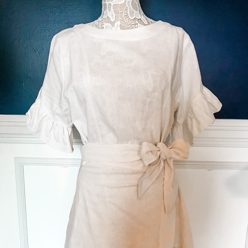 White Linen Ruffle Wrap Dress
